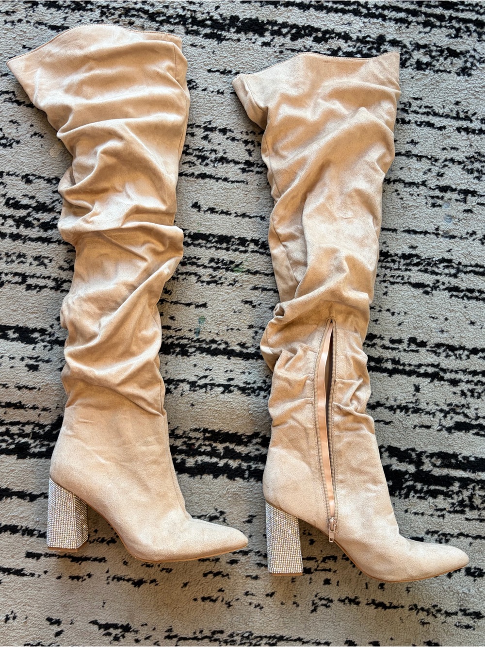 Over-the-Knee Slouchy Velvet Boots in Champagne with Sparkly Rhinestone Heel